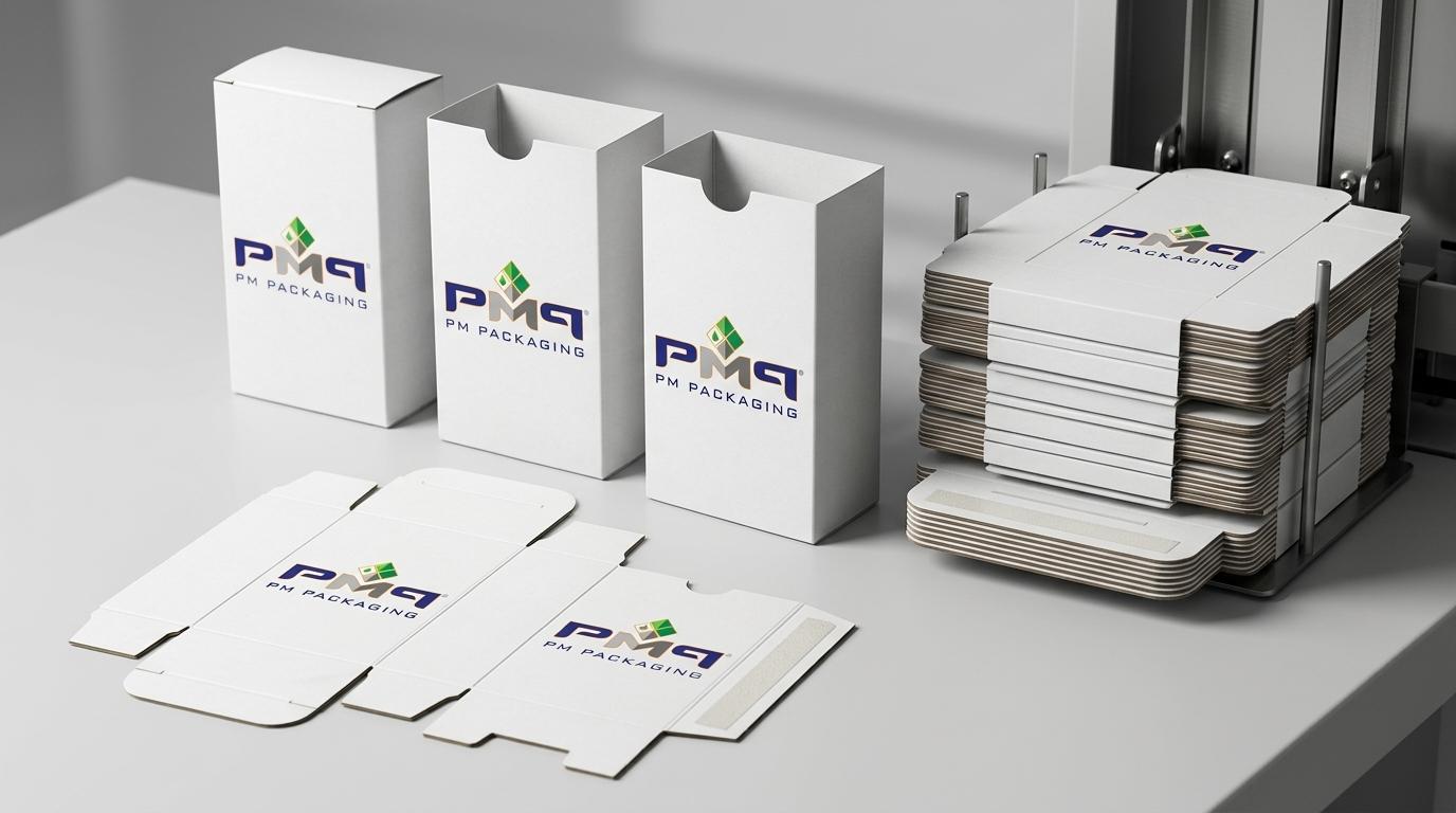 Precision die-cut Straight Tuck End folding carton blank with engineered score lines alongside erected cartons and automated magazine feeder stack