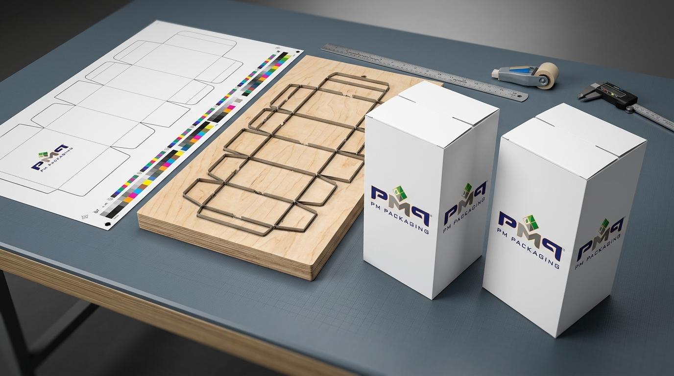 Commercial packaging engineering studio photography showing unfolded Single Face Laminate dieline sheet with G7 color control bars, laser steel-rule cutting die, and precision erected folding cartons featuring PM Packaging branding