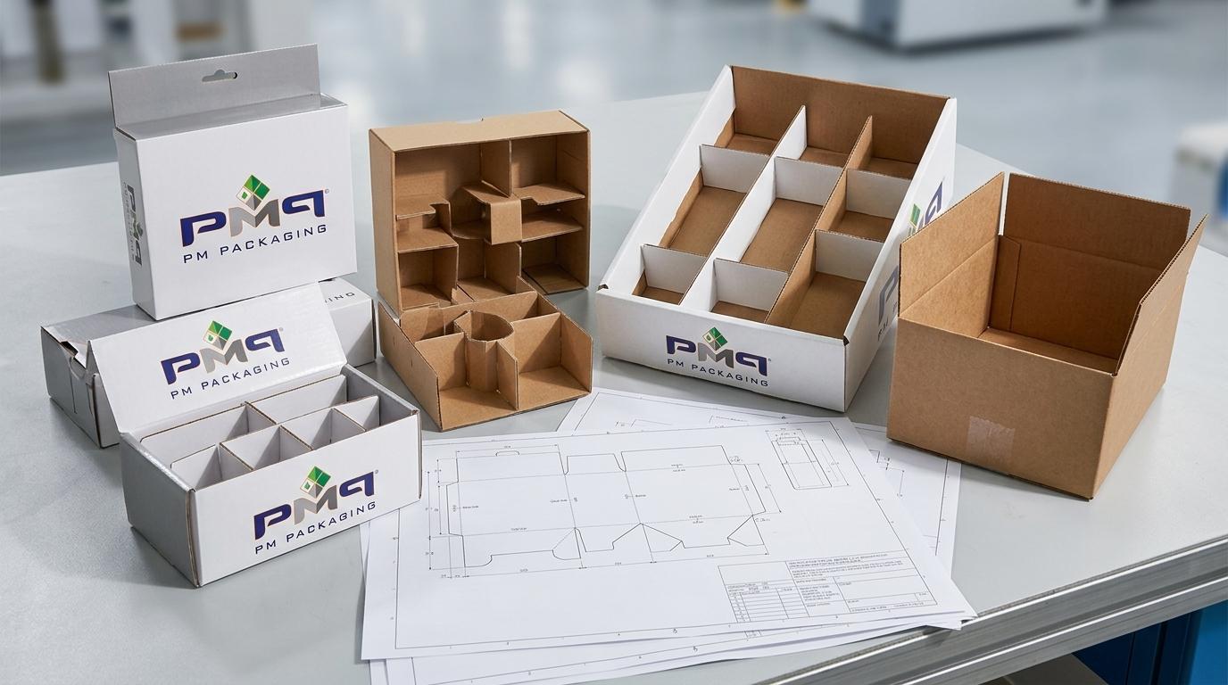 Commercial packaging structural engineering showcase for consumer hardware packaging featuring heavy-duty litho-laminated tuck cartons, internal die-cut paperboard partition inserts, shelf-ready PDQ display trays, auto-bottom boxes, and CAD dielines with PM Packaging branding