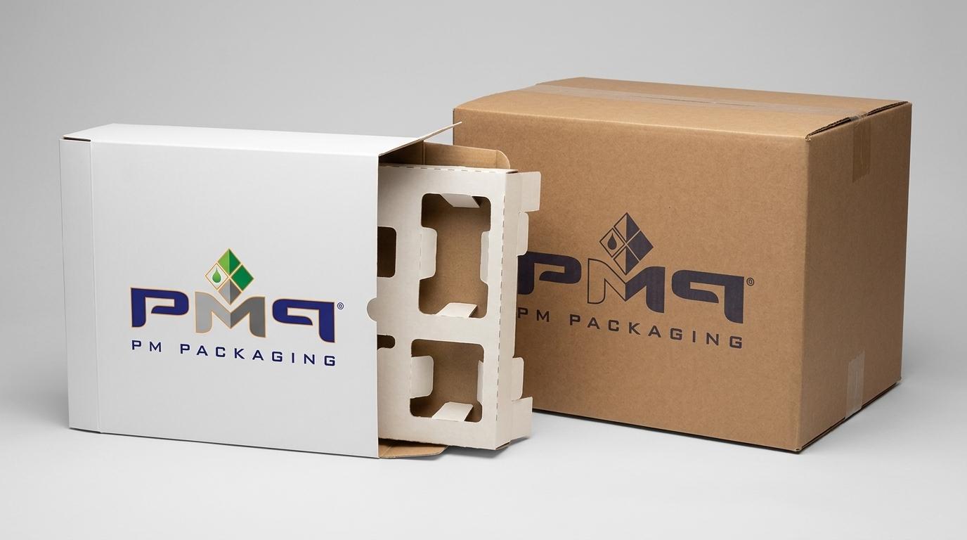 High-volume retail packaging kit showing outer folding carton, custom paperboard insert, and master shipping case with PM Packaging logo