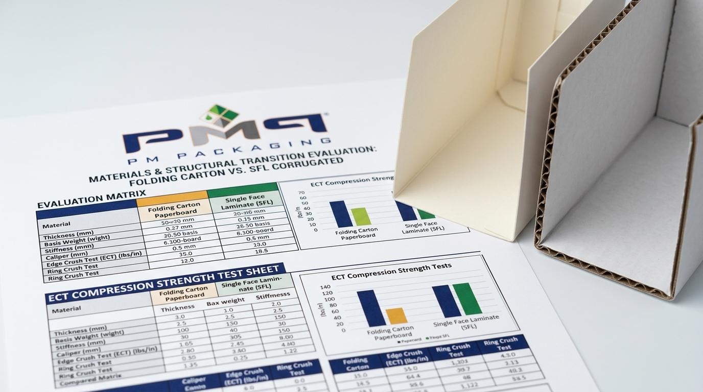 Paperboard vs SFL structural transition evaluation matrix and ECT compression strength test sheet with PM Packaging logo