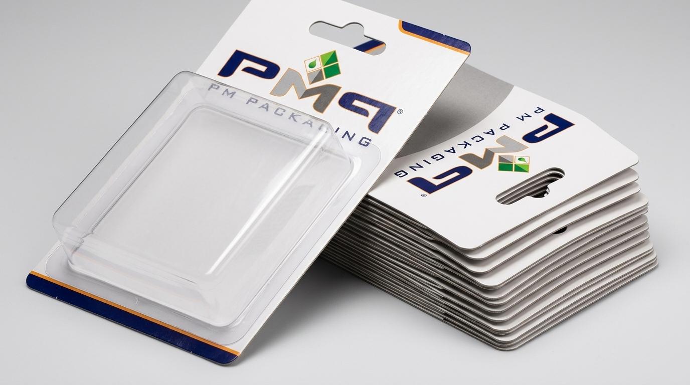 Engineered paperboard blister card structural components, trapped blister assemblies, and precision Euro-slot hang tabs with PM Packaging logo