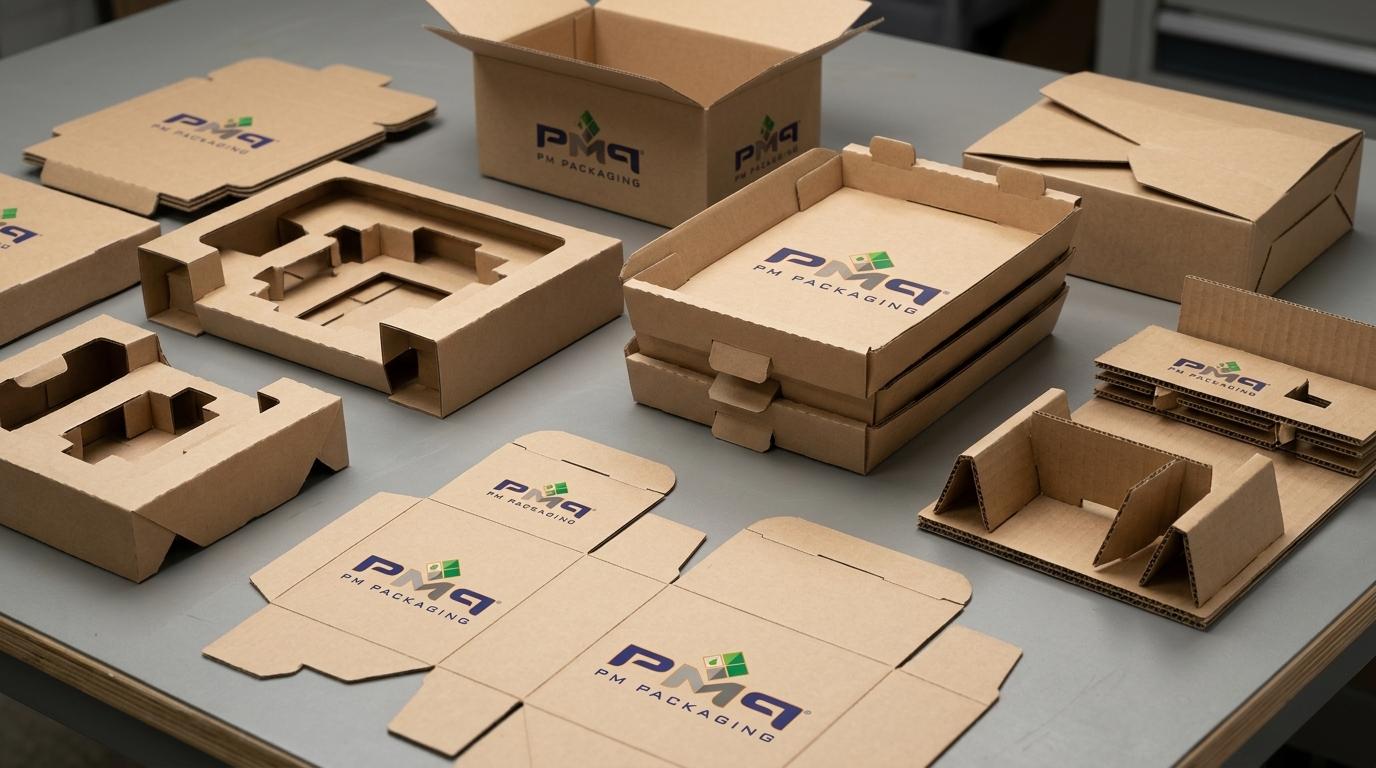 Precision die-cut custom paperboard insert structures, fold-and-lock product retention trays, and flat CAD dieline blanks featuring official PM Packaging branding