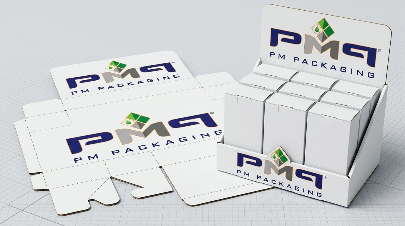 Single Face Laminate SFL PDQ display tray flat dieline blank alongside an erected retail-ready PDQ tray with PM Packaging logo