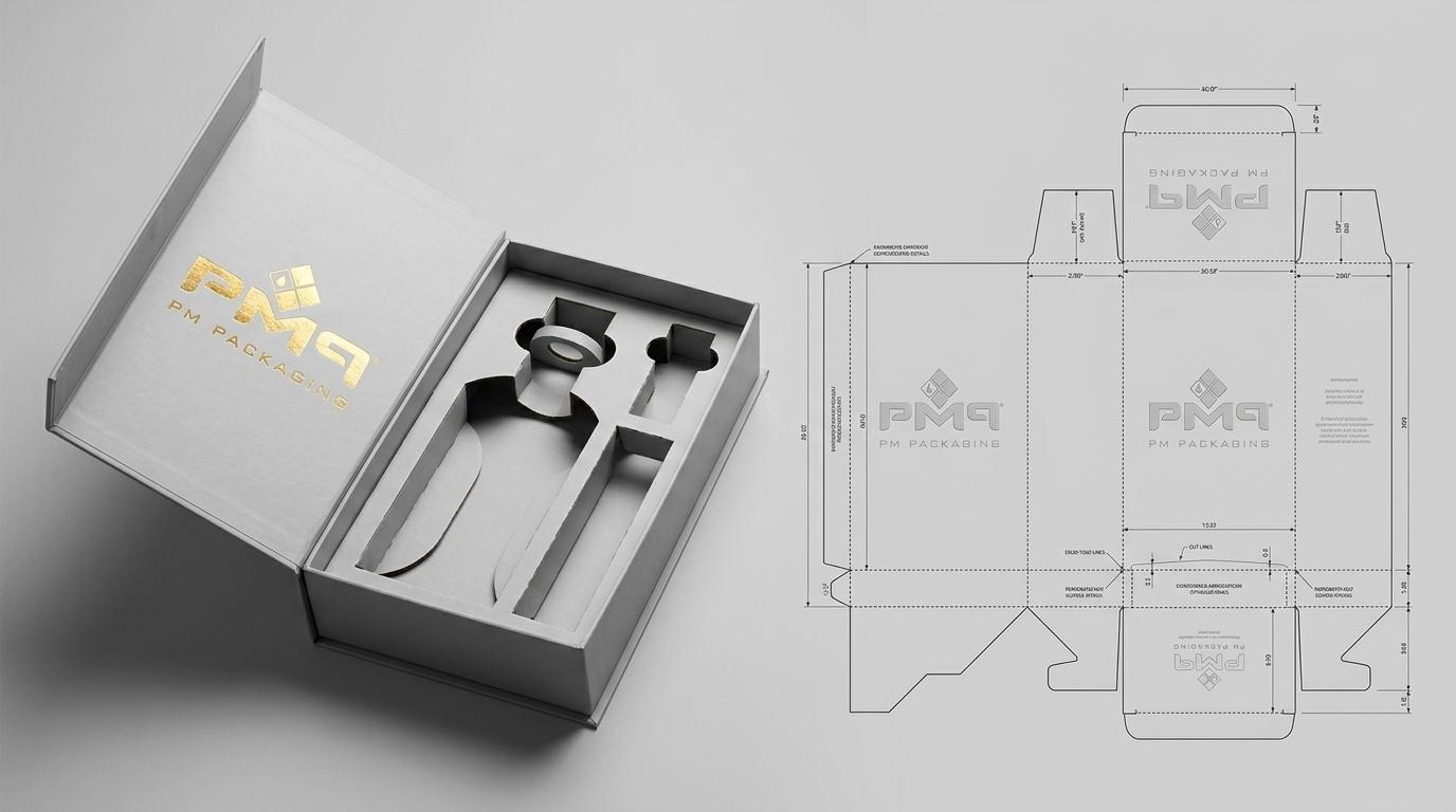 Open book-style magnetic closure luxury rigid setup box with precision die-cut bottle insert tray alongside flat structural CAD dieline blank with PM Packaging logo