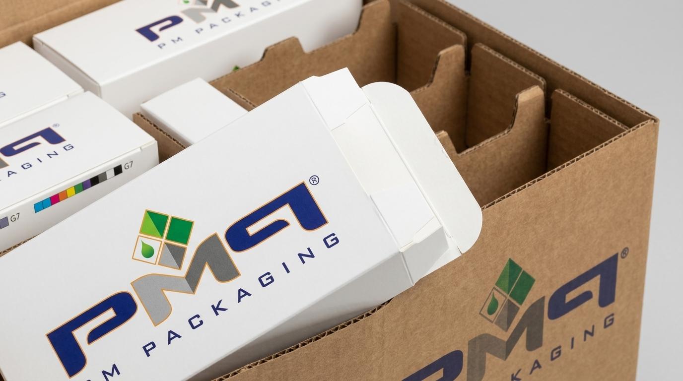 Engineered tolerance nesting: secondary virgin SBS folding cartons fit seamlessly inside fluted master shippers with integrated partition grids and PM Packaging brand control