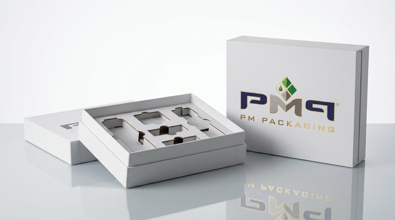 Automated two-piece shoulder neck rigid setup box with multi-cavity paperboard insert platform alongside closed box with PM Packaging logo