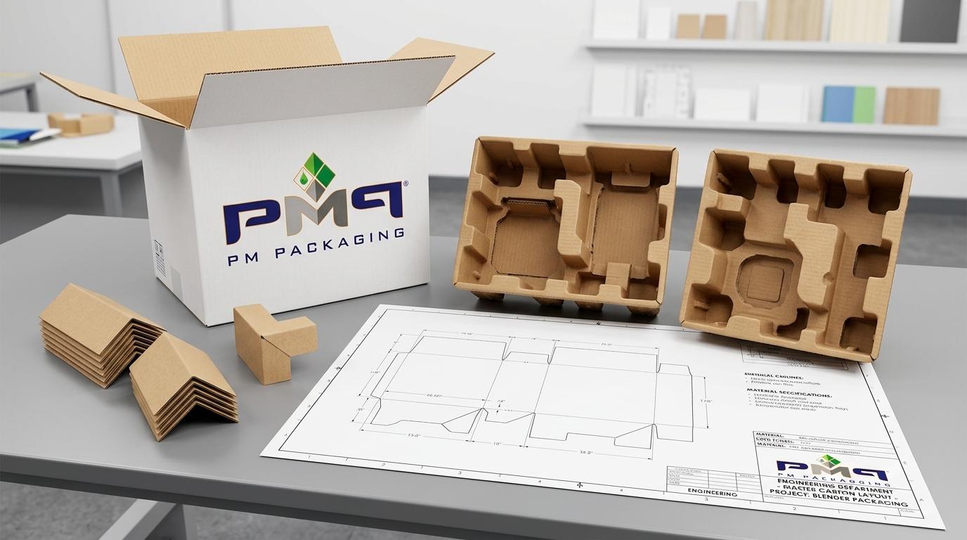 Commercial structural packaging engineering displaying precision microflute corrugated insert suspension trays with accessory compartments, CAD dieline technical blueprints, and auto-bottom microflute boxes with official PM Packaging branding