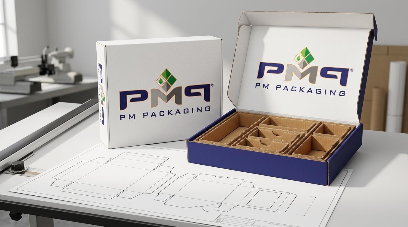 Commercial packaging structural engineering showcase for specialty tools featuring single-face lamination boxes, custom die-cut corrugated paperboard partition inserts with modular nested trays, CAD dielines, and PM Packaging branding