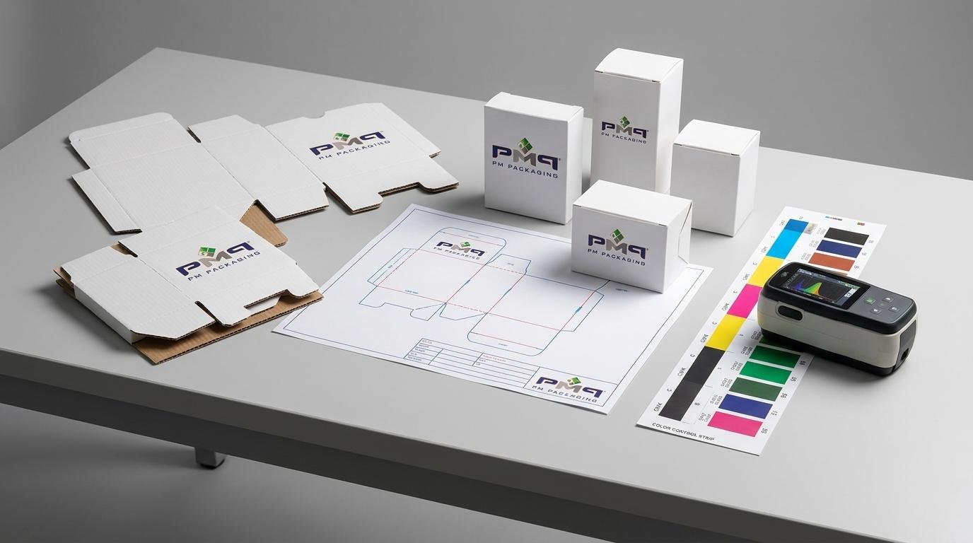 PM Packaging precision folding carton press sheets, CAD dieline sheets, and digital spectrophotometer inspection setup