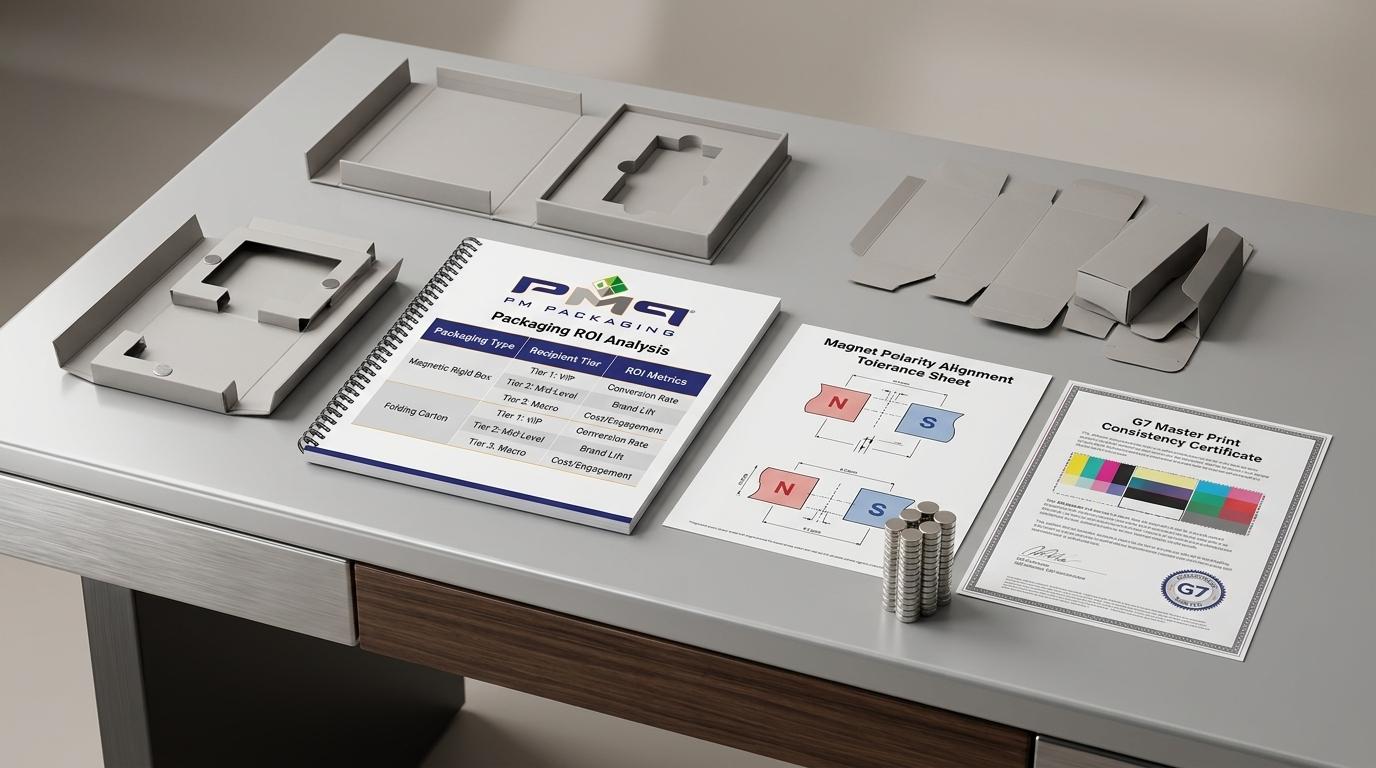 Influencer campaign packaging ROI analysis report and magnet polarity alignment sheet with PM Packaging logo