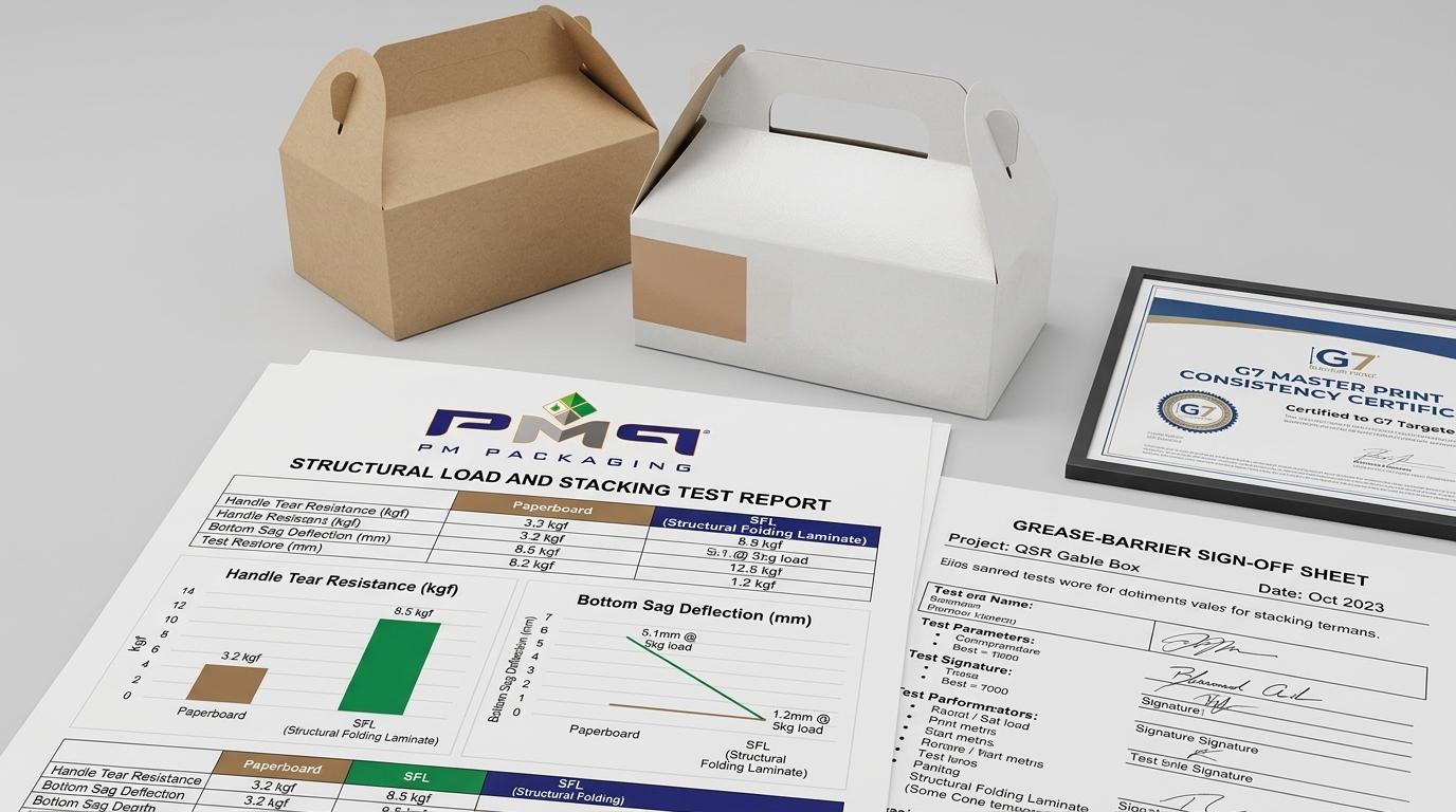 Structural load and stacking test report comparing paperboard vs SFL gable boxes with PM Packaging logo