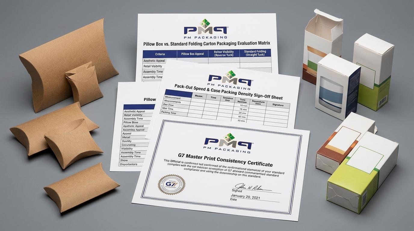 Pillow box vs. standard folding carton packaging evaluation matrix, pack-out speed sign-off sheet with PM Packaging logo
