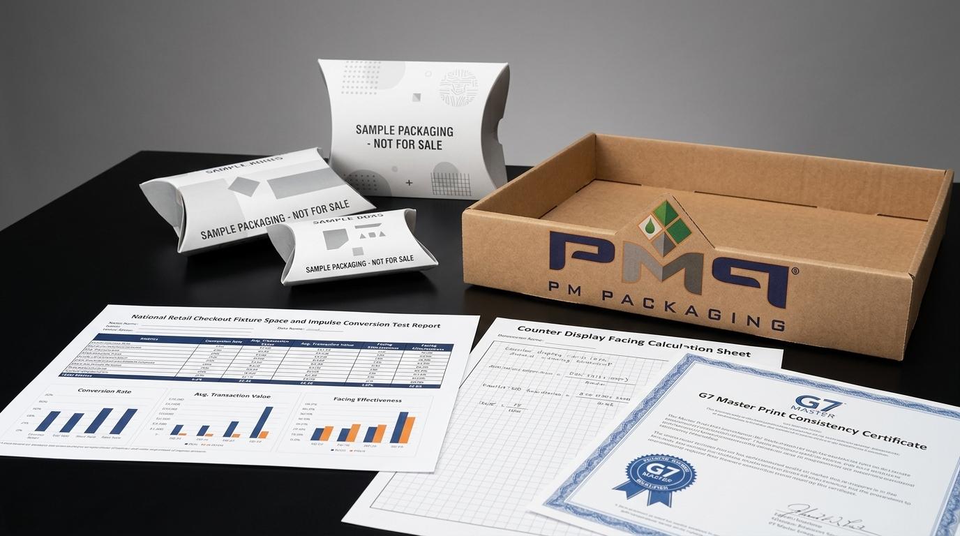 National retail checkout fixture space and impulse conversion test report with PM Packaging logo