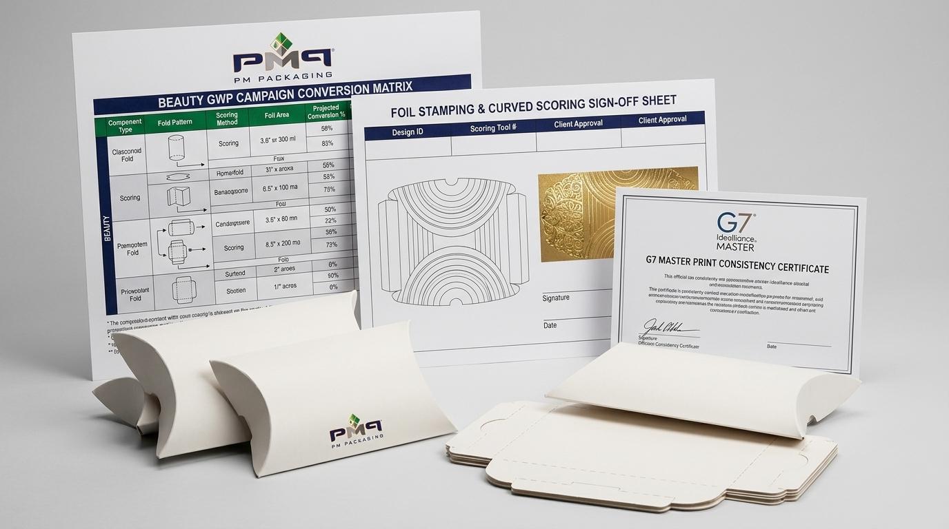 Beauty GWP campaign conversion matrix, foil stamping and curved scoring sign-off sheet, and G7 Master print consistency certificate with PM Packaging logo