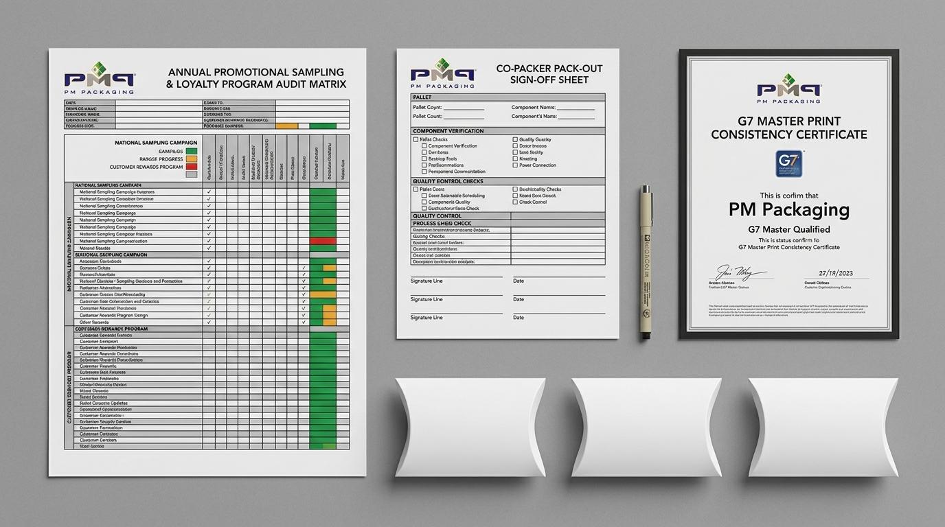 Annual promotional sampling and loyalty program audit matrix, co-packer pack-out sign-off sheet with PM Packaging logo