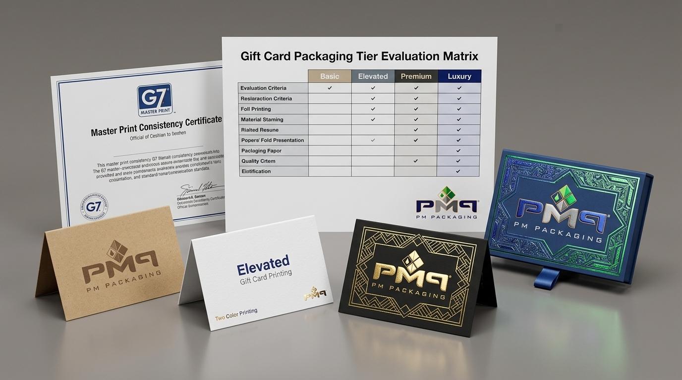 Gift card packaging tier evaluation matrix comparing basic, elevated, premium, and luxury holders with PM Packaging logo