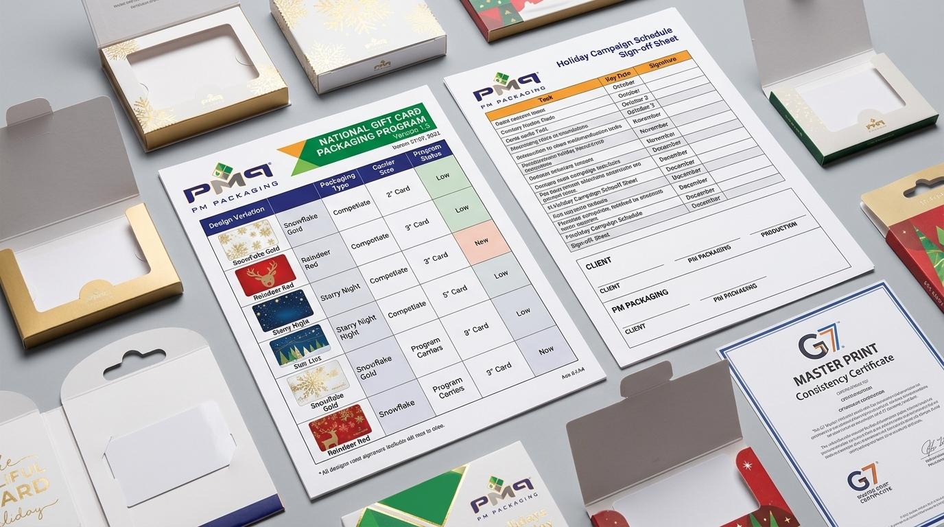 National gift card packaging program version matrix, holiday campaign schedule sign-off sheet with PM Packaging logo