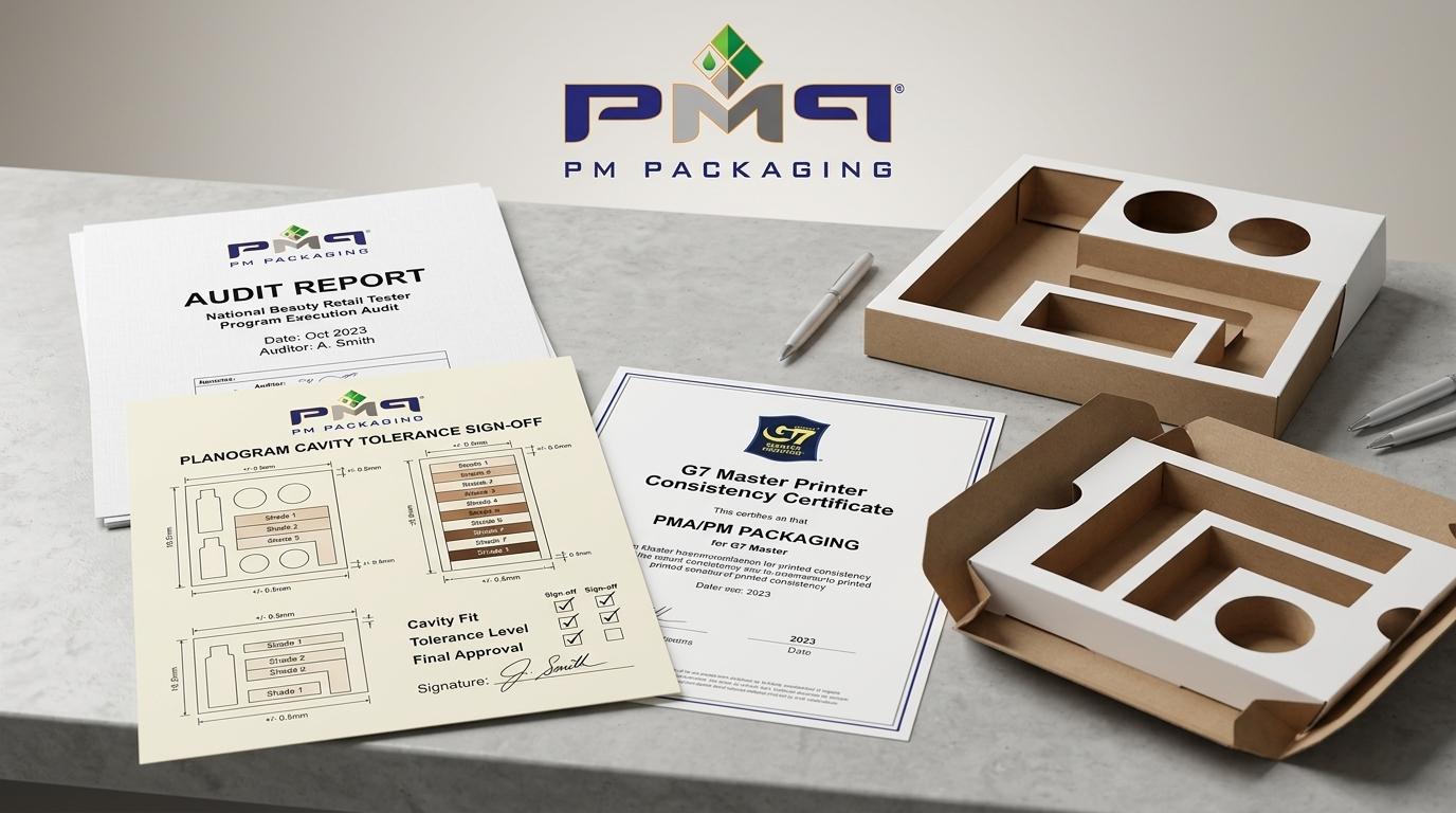 National beauty retail tester program execution audit and cavity tolerance sign-off with PM Packaging logo