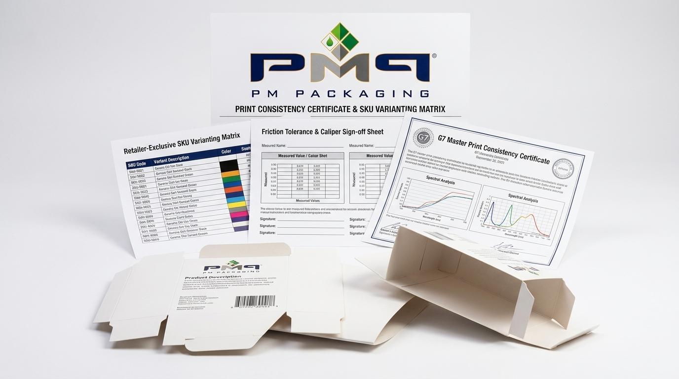 Retailer-exclusive packaging sleeve SKU varianting matrix, friction tolerance and caliper sign-off sheet, and G7 Master print consistency certificate with PM Packaging logo