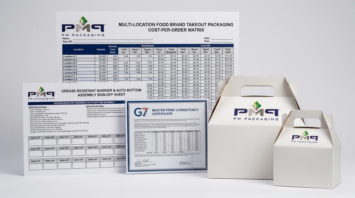 Multi-location food brand takeout packaging cost-per-order matrix, grease-resistant barrier and auto-bottom assembly sign-off sheet with PM Packaging logo
