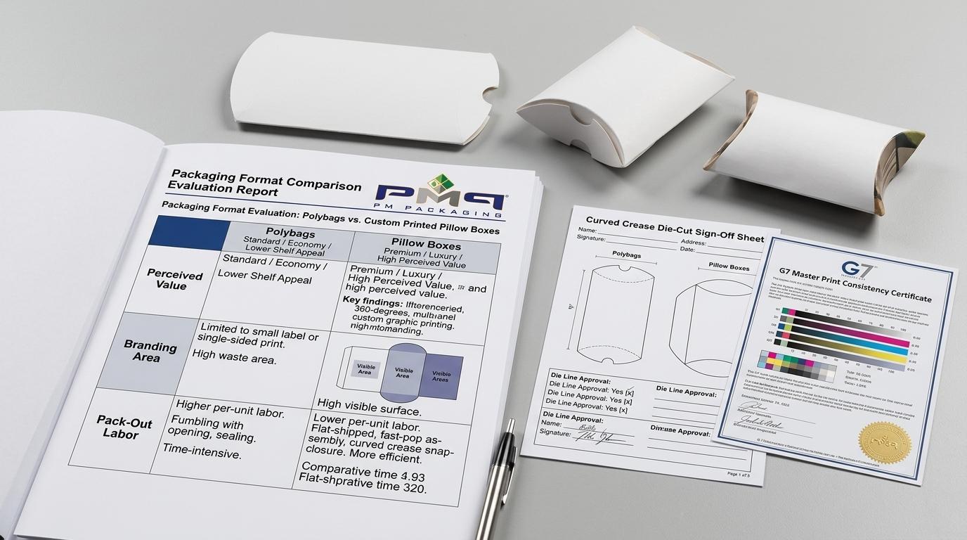 Packaging format comparison report comparing polybags vs custom printed pillow boxes with PM Packaging logo