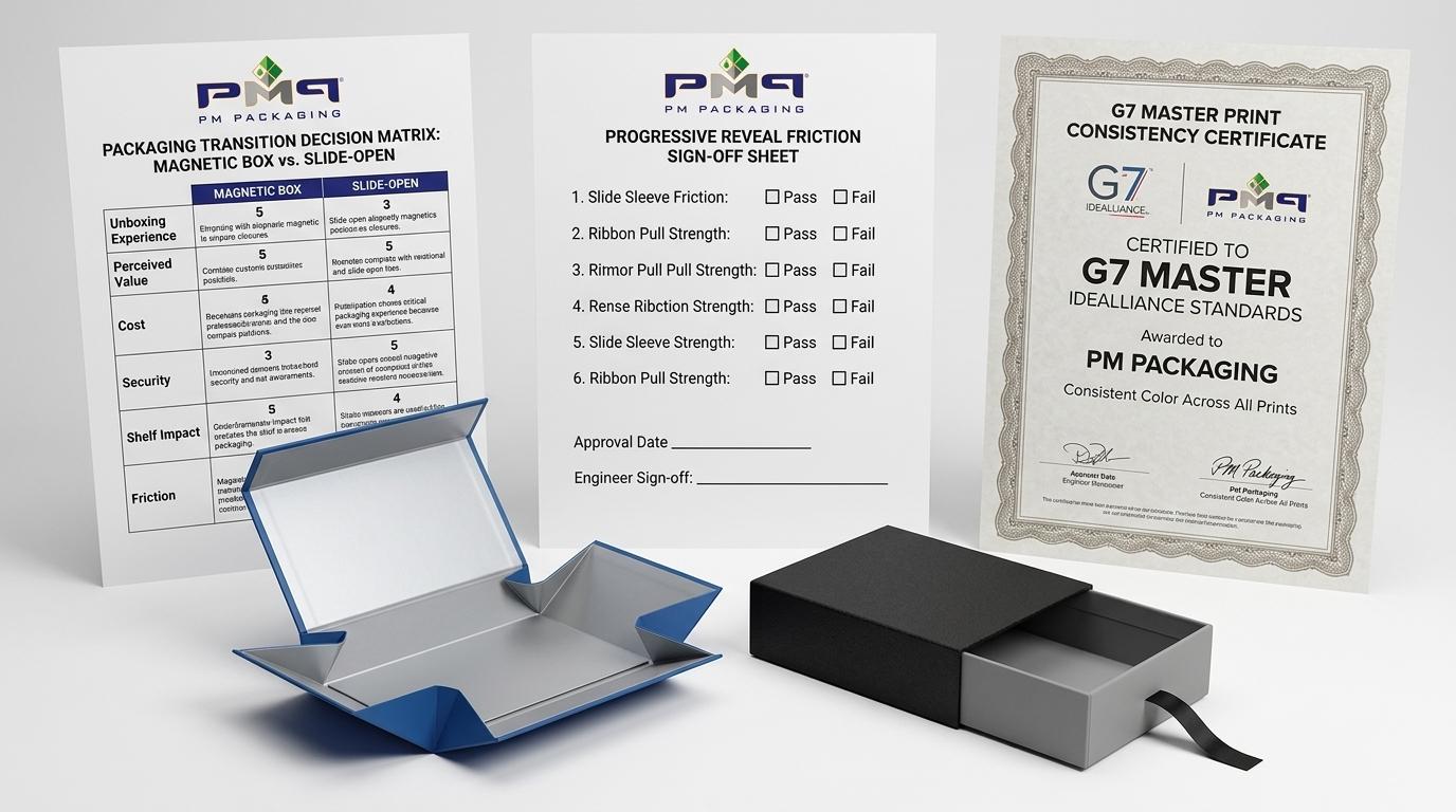 Packaging transition decision matrix: magnetic box vs. slide-open, progressive reveal friction sign-off sheet with PM Packaging logo