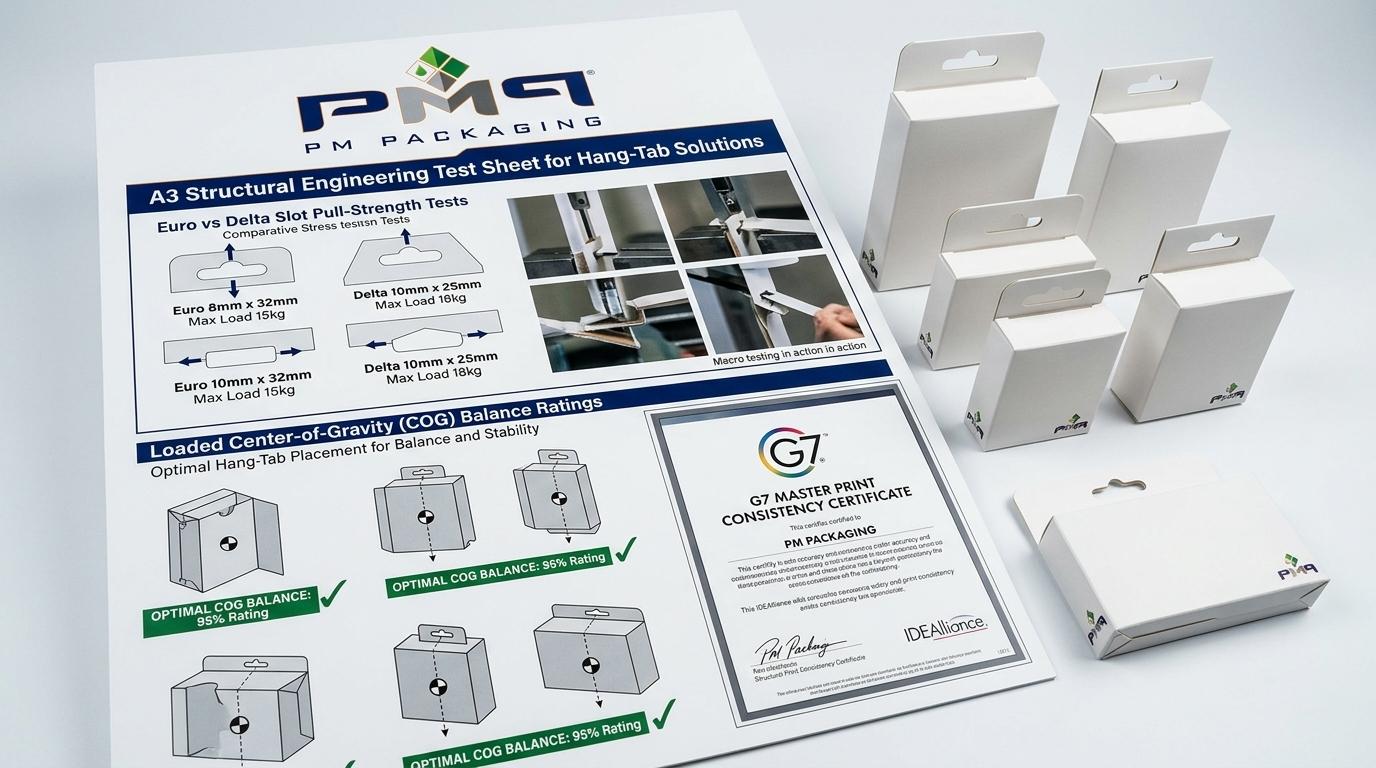 Retail hang-tab structural engineering test sheet showing Euro vs Delta slot pull-strength tests with PM Packaging logo