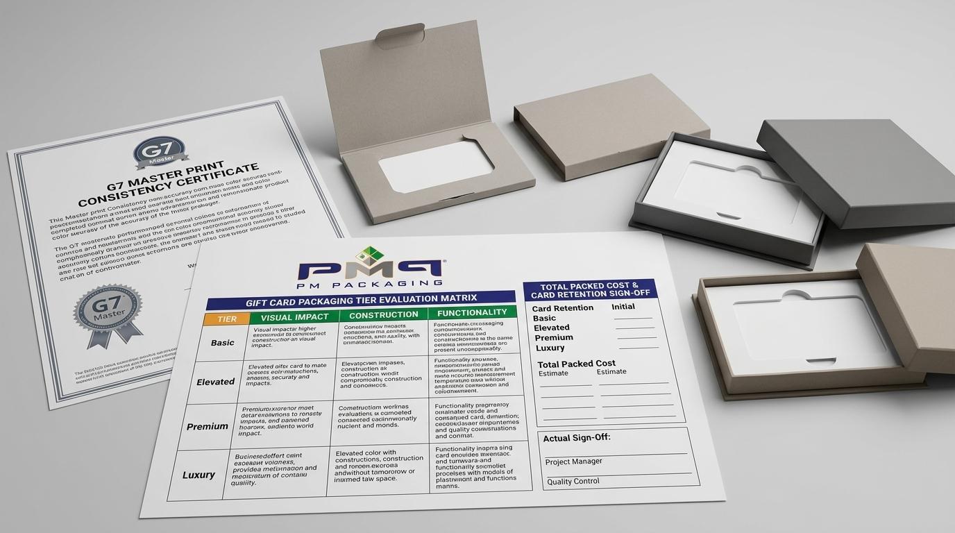 Gift card packaging tier evaluation matrix, total packed cost and card retention sign-off sheet with PM Packaging logo
