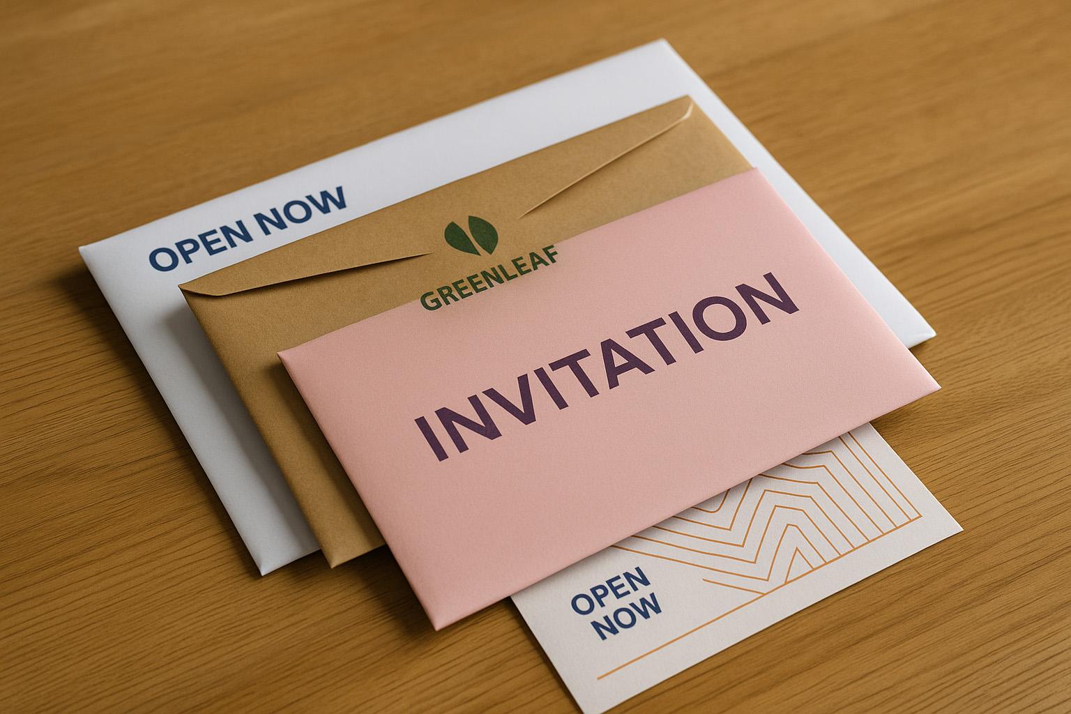 Custom direct mailers and envelopes stacked neatly on a wooden table