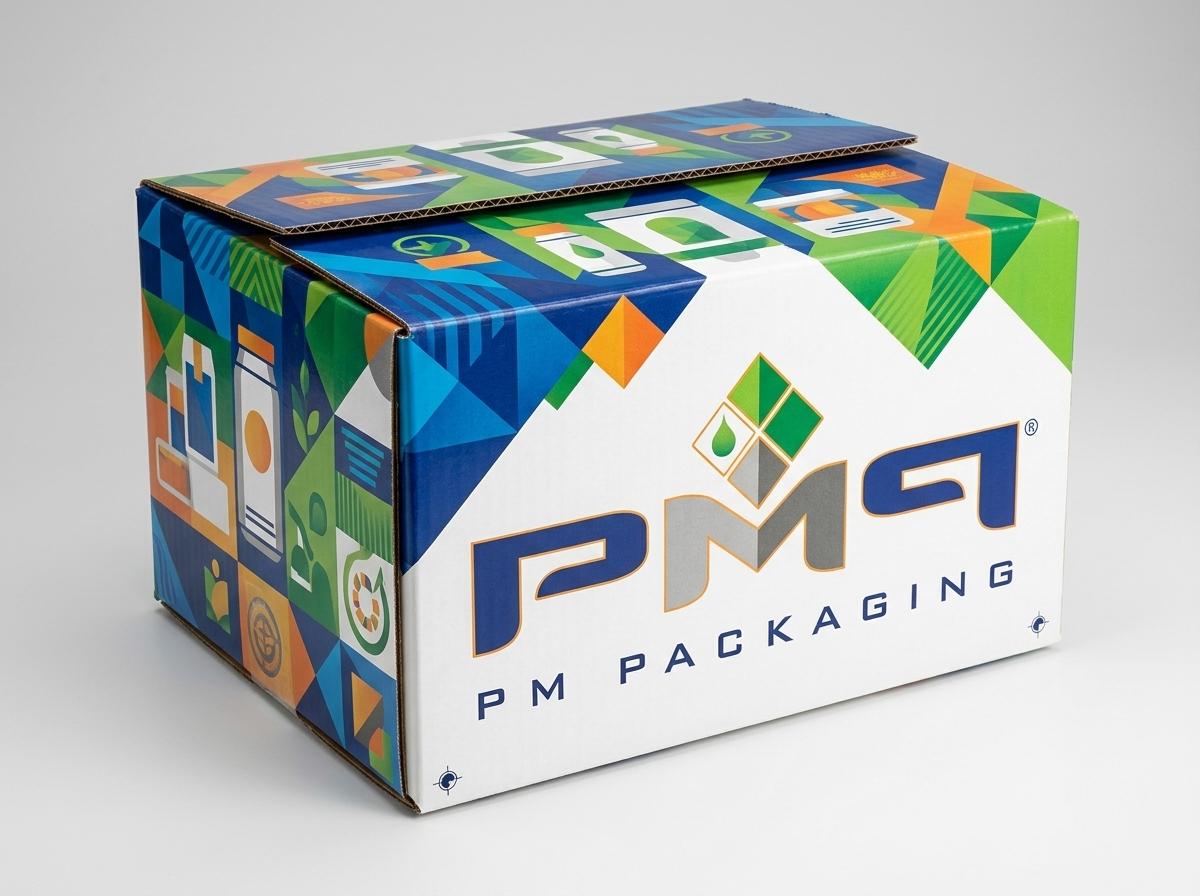 Single-face laminated (SFL) full overlap corrugated box featuring full-bleed custom printing, visible fluting edges, and PM Packaging logo