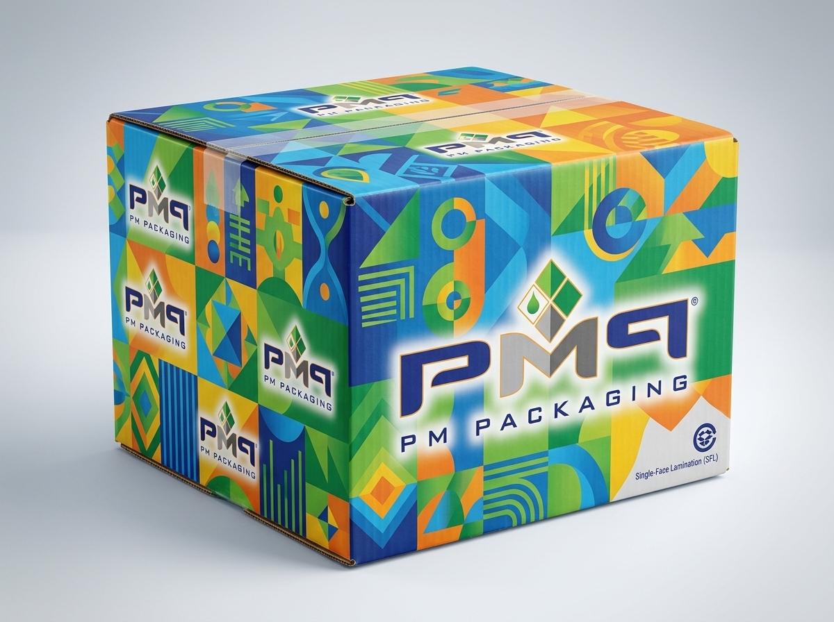 Single-face laminated (SFL) corrugated RSC box with full-bleed custom printing and PM Packaging logo