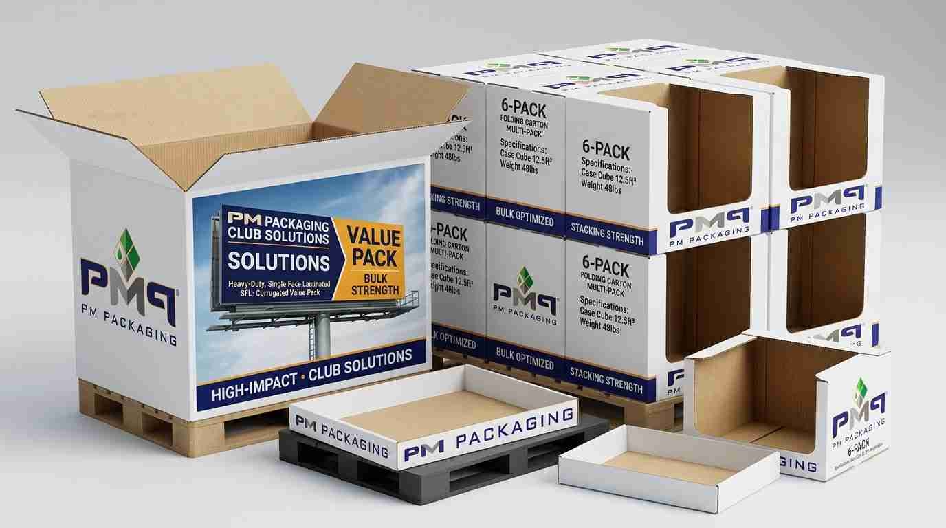 Learn how consumer brands design high-volume club store packaging, balancing heavy multipack loads, SFL corrugated strength, billboard graphics, and pallet efficiency.