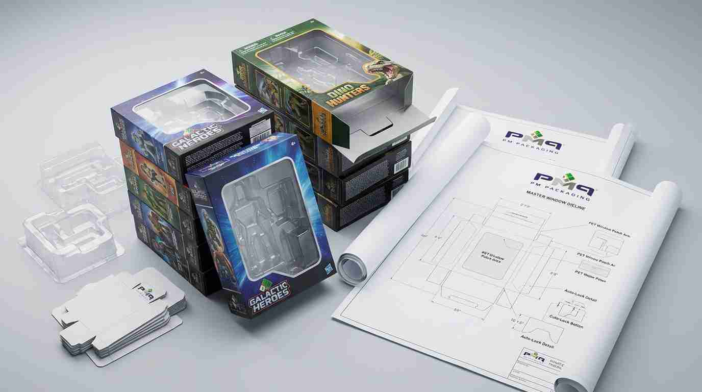 Learn how toy brands engineer high-volume windowed folding cartons with clear PET patching, balancing product visibility with structural load strength, internal retention, and dieline standardization.