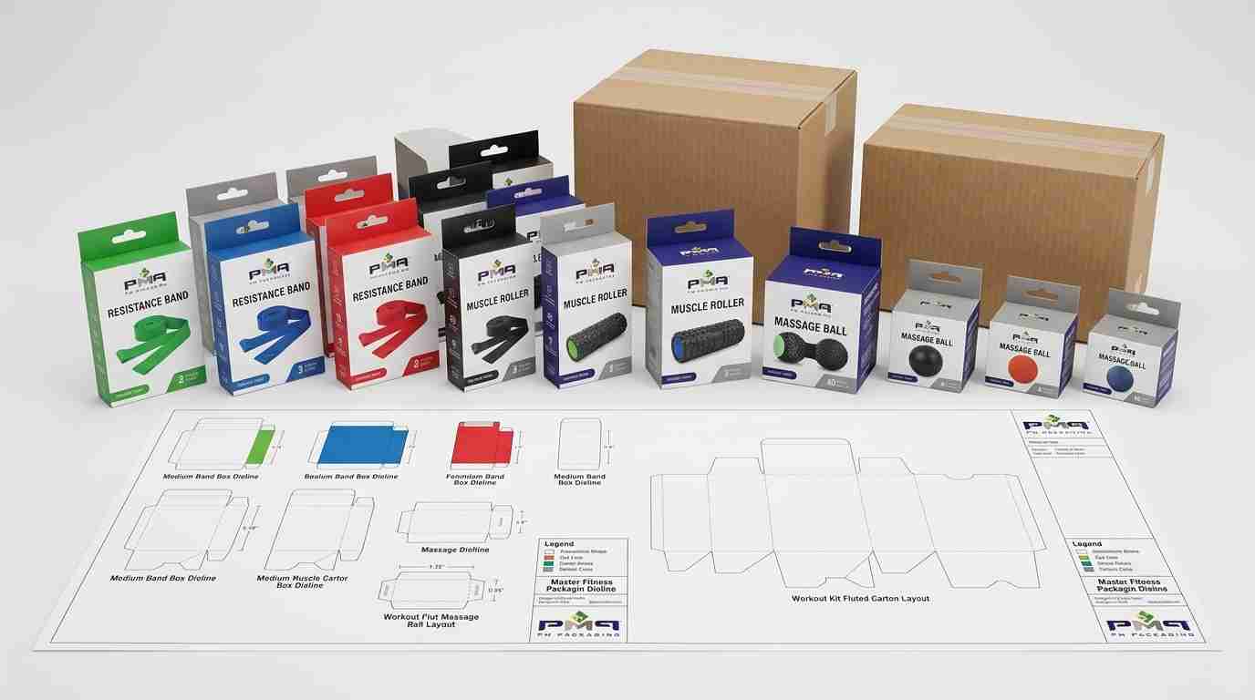 Learn how fitness accessory brands manage large-quantity packaging programs, standardizing dielines across resistance levels, balancing folding cartons with SFL workout kits, and managing retail replenishment.