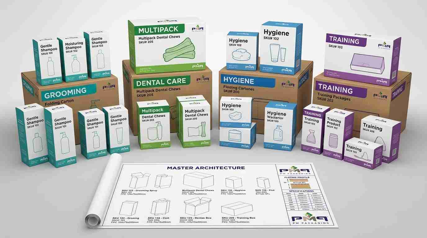 Learn how pet care brands manage large multi-SKU packaging programs, standardizing dielines across product families, balancing folding cartons with SFL multipacks, and locking prepress version control.
