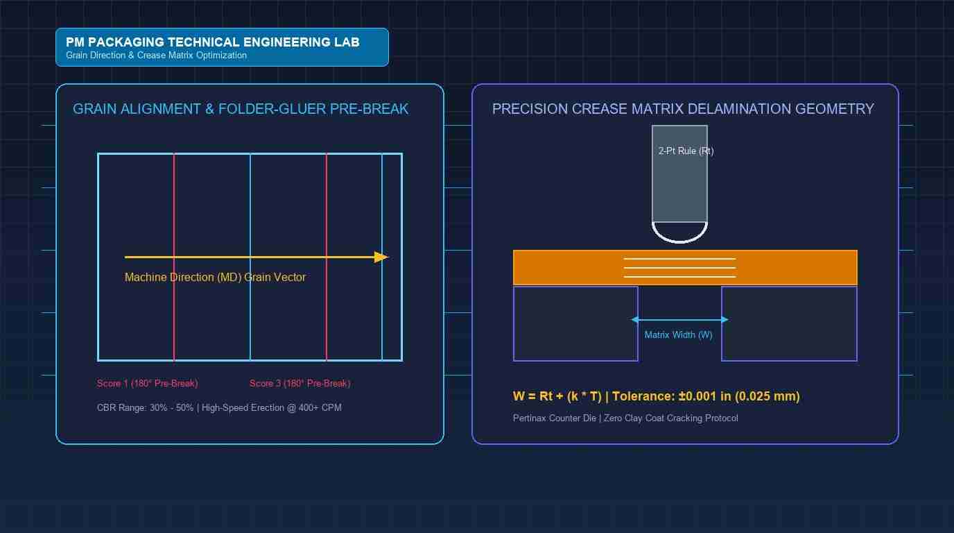 An authoritative technical guide for packaging engineers on paperboard grain orientation, crease matrix sizing formulas, Taber stiffness ratios, and folder-gluer pre-breaking to eliminate downtime on 300+ CPM automated cartoning lines.