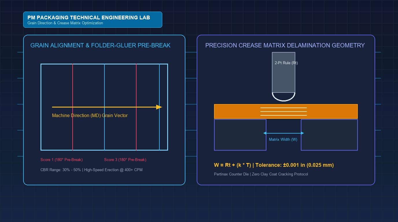 An authoritative technical guide for packaging engineers on paperboard grain orientation, crease matrix sizing formulas, Taber stiffness ratios, and folder-gluer pre-breaking to eliminate downtime on 300+ CPM automated cartoning lines.